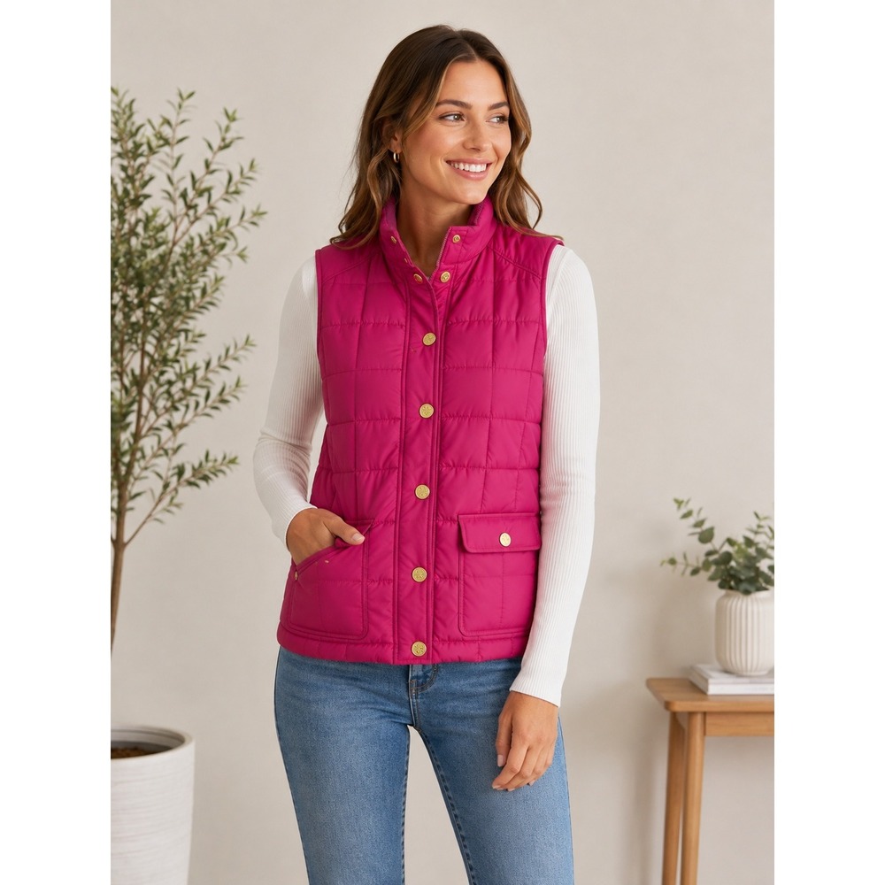 Tory Burch Magenta Pink Quilted Puffer Vest Gold Logo Buttons 23091573 Womens S